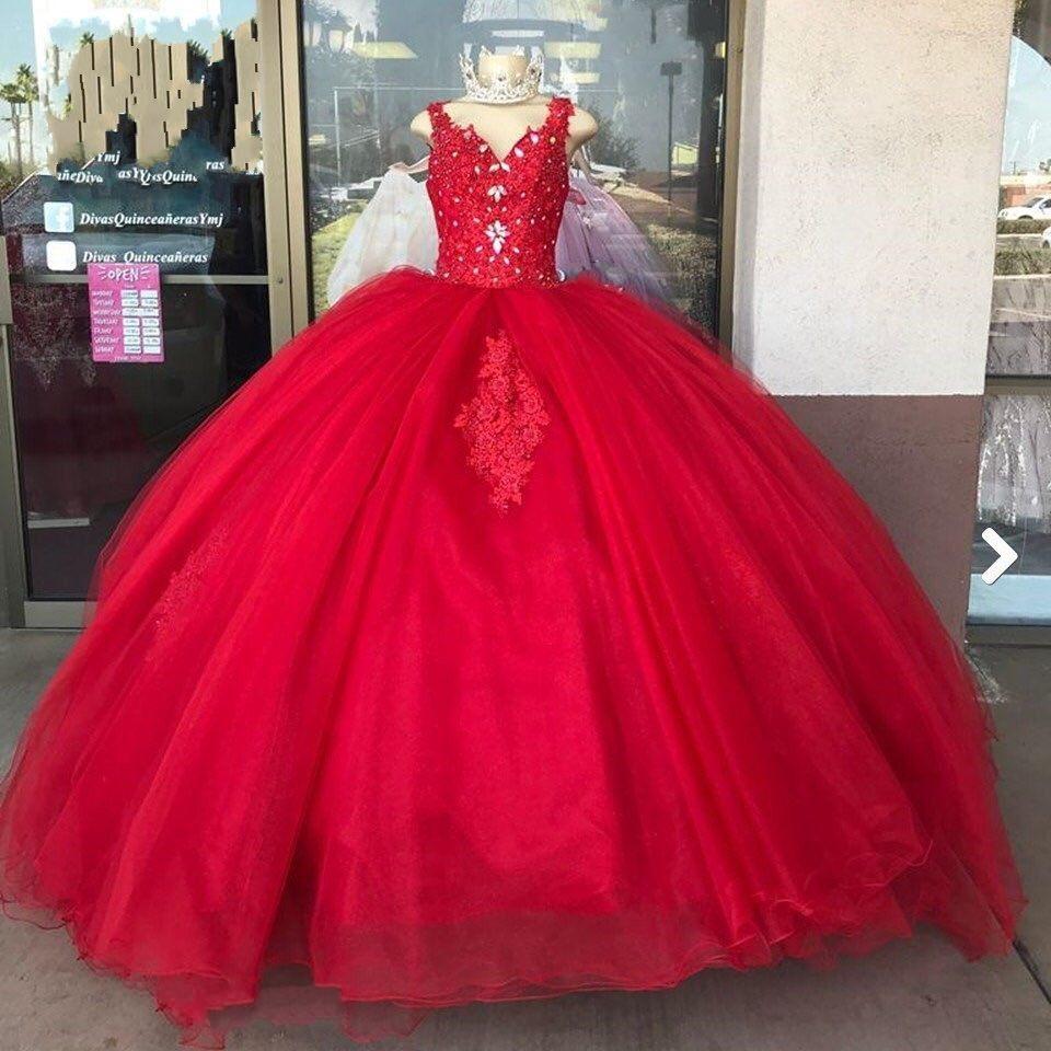 Sexy V Neck Red Lace Quinceanera Dresses Ball Gown Long Debut Gowns for Sweet 15 Year Girls Birthday Party