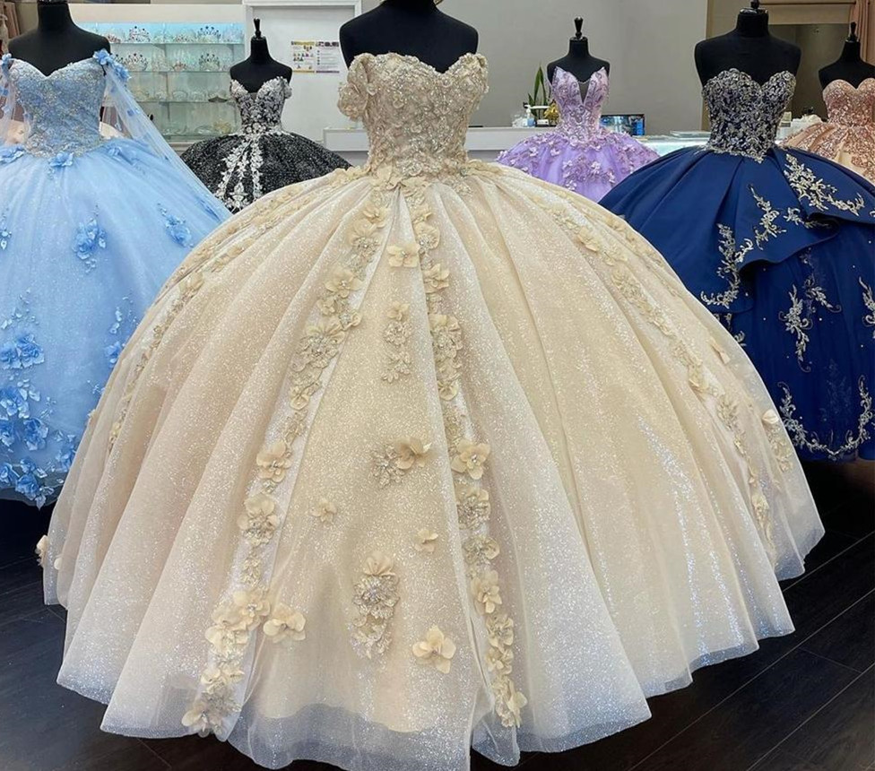 Elegant Champagne Floral Quinceanera Dress for 15 Year Girl Birthday Party Ball Gown Princess Debut Gowns Off the Shoulder