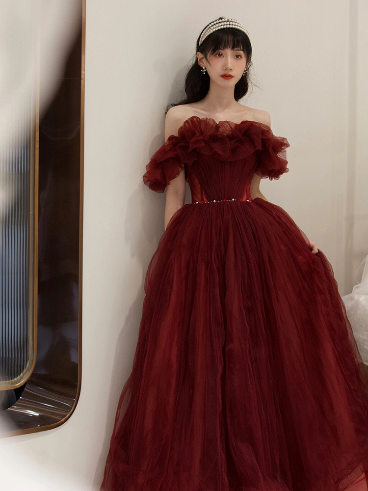 Burgundy Ruffles Tulle Formal Prom Dress for Lady Sexy Off the Shoulder Backless Strapless Evening Gowns