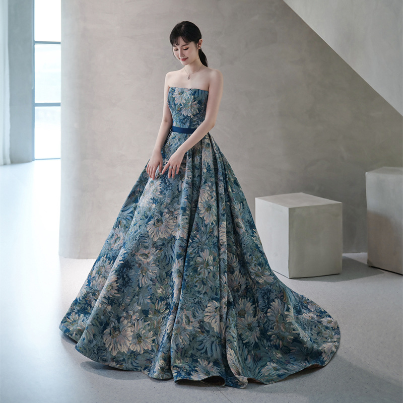 Elegant Blue Foral Formal Evening Dress Prom Gowns For Women A Line Floor Length Satin Pageant Dress