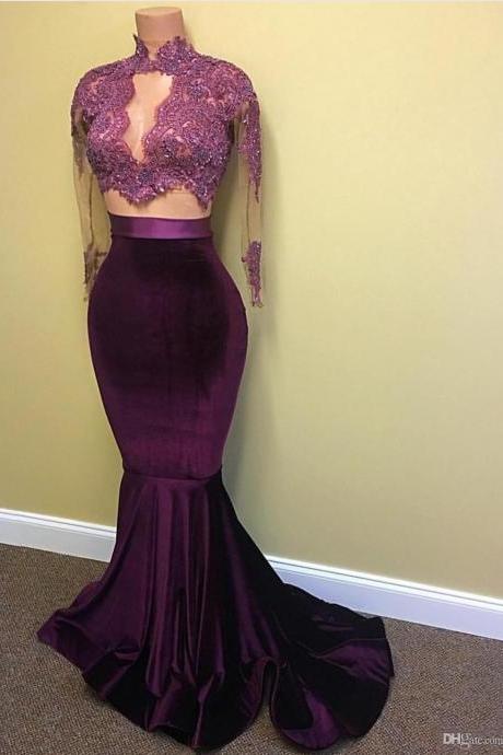 2018 New Purple Velvet Prom Dresses Mermaid Lace Appliques Beaded Sheer Long Sleeves Sweep Train Evening Party Gowns Arabic Celebrity