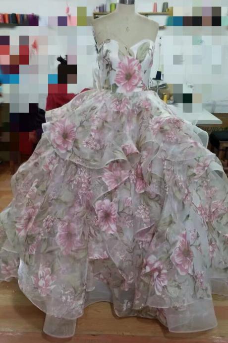 New Long Quinceanera Dress Ball Gown Fairy Tale Design Sweetheart Backless Puffy Printing Flowers Sexy Prom Dress Masquerade Gowns