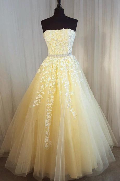 Sexy Backless Long Yellow Prom Dress with White Lace Formal Women Party Dresses Custom Made