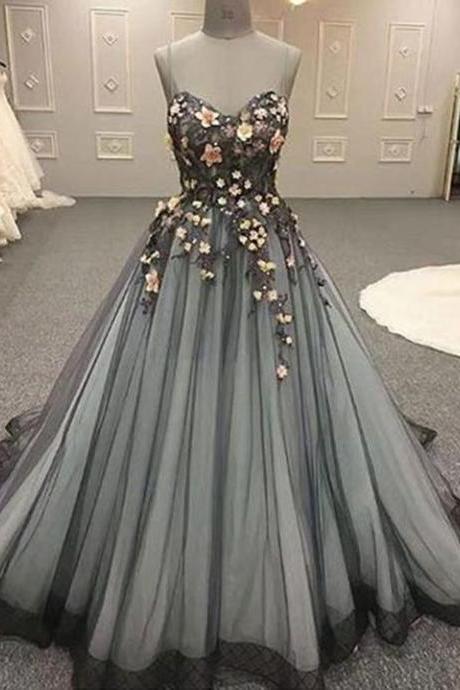 Sexy Sweetheart Long Silver Prom Dress With Flower Appliques A Line Formal Party Dresses Gowns