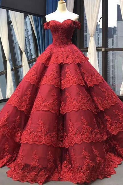 Off The Shoulder Long Red Quinceanera Dress for 15 Year Girl Ball Gown Tiered Lace Birthday Party Dresses