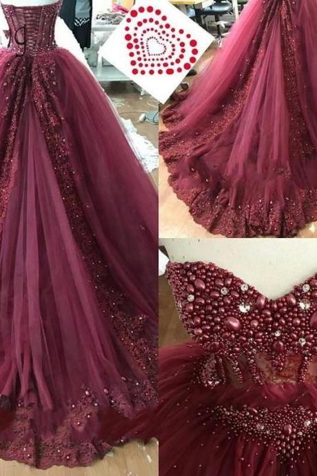 Sexy Sweetheart Burgundy Long Prom Dresses with Beaded Crystals Appliques Formal Women Dress