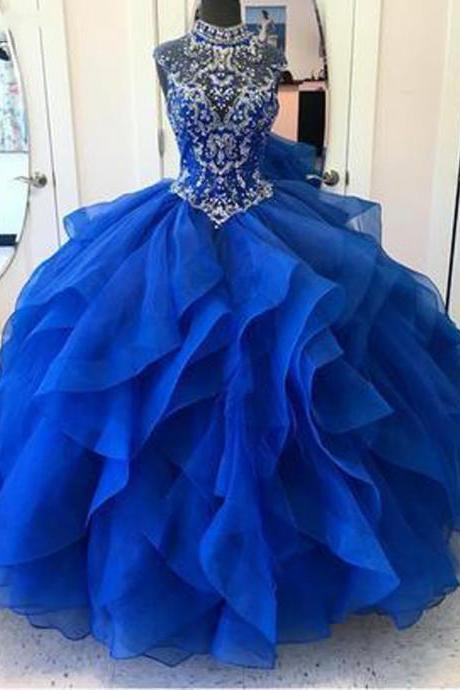 Elegant Royal Blue Red Ball Gown Quinceanera Dresses for Sweet 15 Year Ruffles Tiered High Neck Appliques Birthday Girls Formal Party Dress