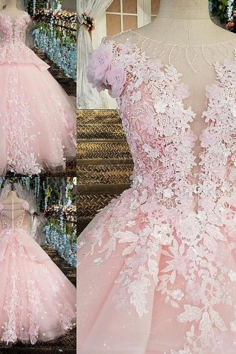 Vintage Pink Sexy Sheer Quinceanera Dress Ball Gown Lace Appliques Custom Long Prom Party Dresses