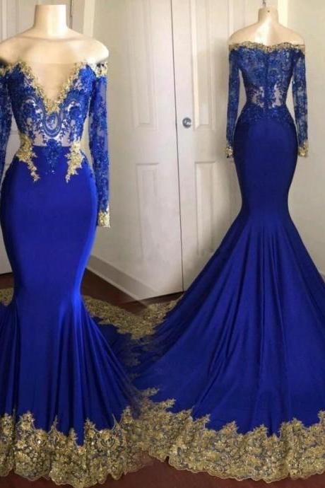 Long Sleeve Royal Blue Prom Dress with Golden Lace Appliques Formal Women Evening Dresses