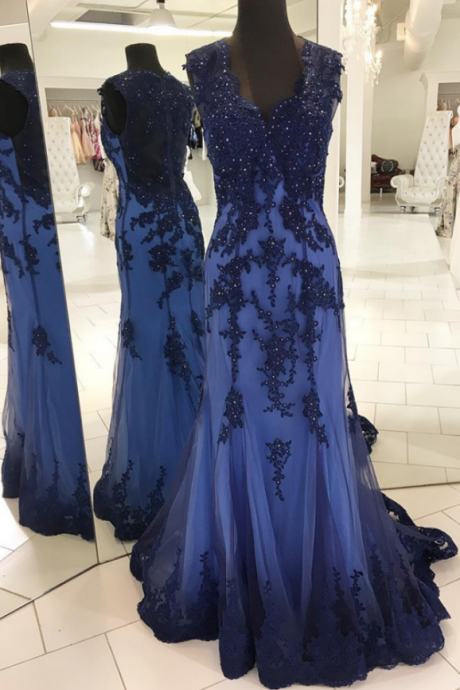 Long Lace Blue Formal Women Prom Party Dress with Appliques