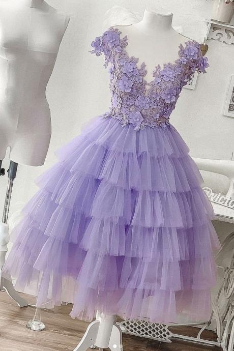 Short Cap Sleeve Short Lilac Prom Dress with Hand Made Flowers Sexy See Through Sheer Homecoming Dresses