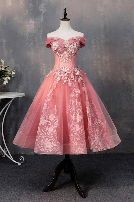 Off the Shoulder Pink Lace Homecoming Dress Tea Length A Line Sexy Prom Dresses