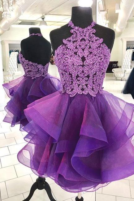 Short Appliques Beaded Ballgown Homecoming Dress Short Sexy Tulle Halter Prom Dress Short Sexy Backless Party Dresses Custom Size