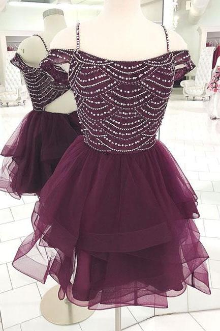 Short Beaded Purple Homecoming Dress Short Tulle Off The Shoulder Prom Dress Short Sexy Party Dresses Custom Size