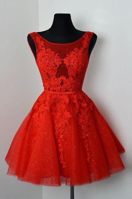 Short Red Lace Appliques A Line Homecoming Dress Short Tulle Boatneck Prom Dress Short Party Dresses Custom Size