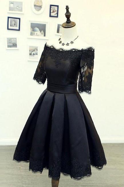 Off The Shoulder Black Short Homecoming Dresses A Line Satin Lace Short Prom Dress with Sleeves