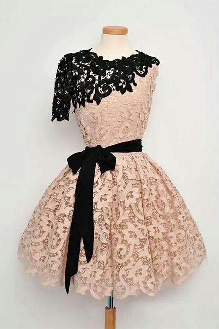 Pink Black Lace Short Homecoming Dresses A Line With Belt Sash Short Girls Party Dress
