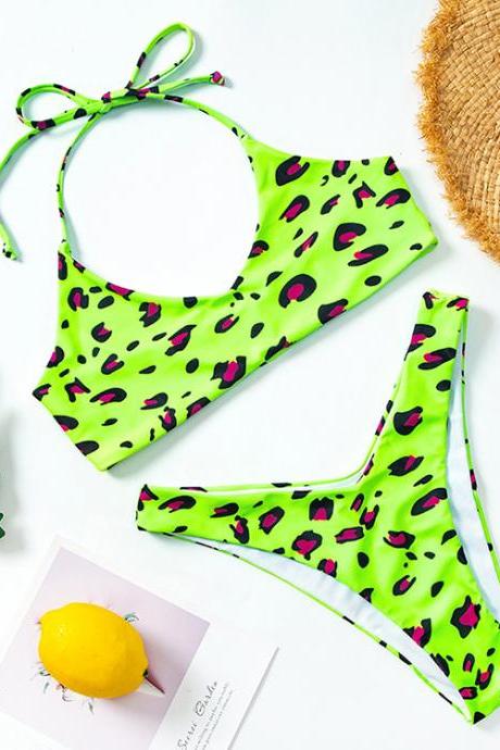 Women Fluorescent Swimsuit Straps Lace Up Bikini Two Pieces Set Printing Bathing Suit Swims Short