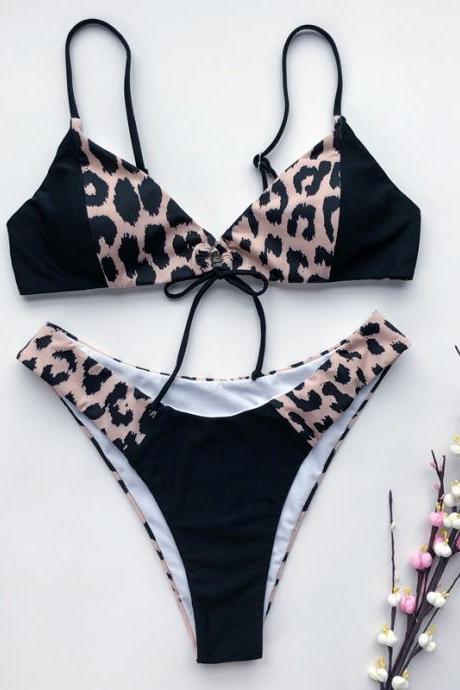 2 pcs Black Leopard print Girls Swimsuit Bikini Set Short Bathing Set