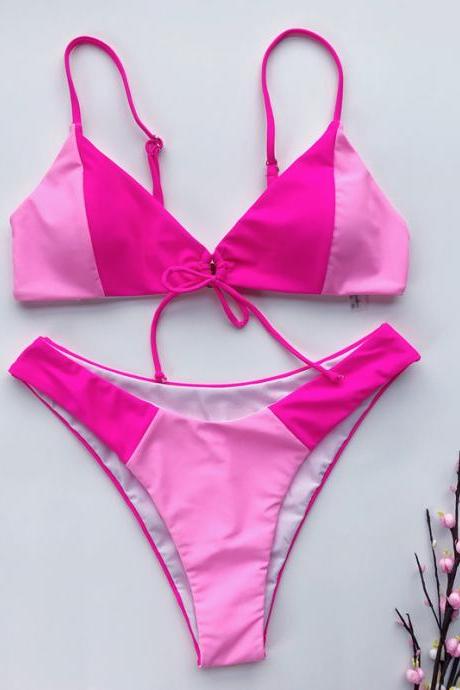 Pink Bikini Set for Girl Beach Women Lace Up Sexy High Cut Summer Holiday Swimsuit Set