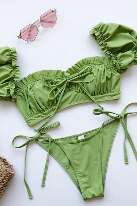 Two Pieces Green Bikini Set for Lady Girls Summer Suit Short Sleeve Sweet Swimsuit Short