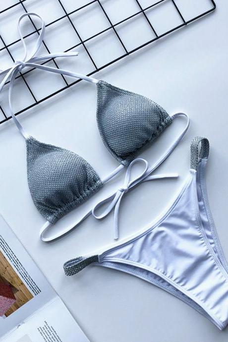 Sexy White Glitter Bikini Sets Two pcs for Summer Girls Women Swimsuit Set Short Bathing Suit