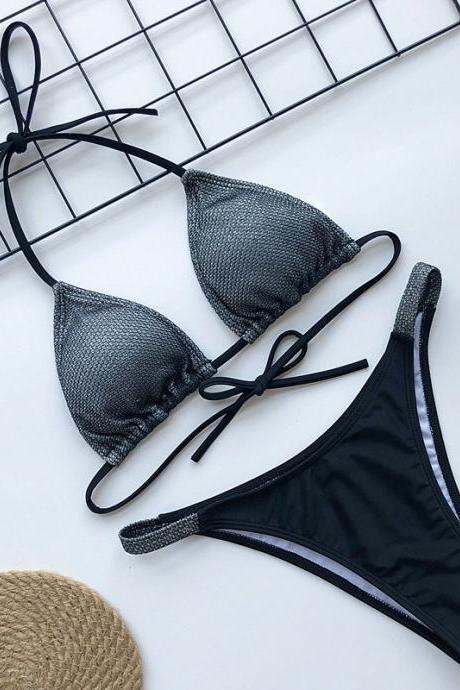 Two pcs Sexy Black Glitter Bikini Sets for Summer Girls Women Swimsuit Set Short Bathing Suit
