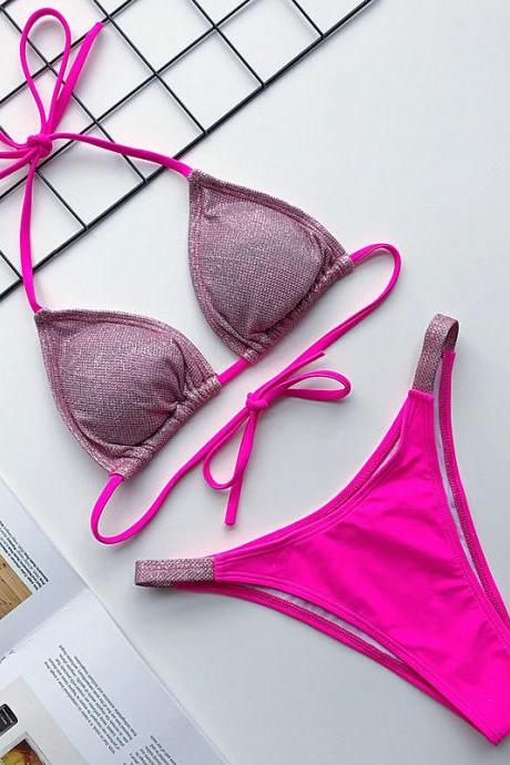 Two pcs Sexy Pink Glitter Bikini Sets for Summer Girls Women Swimsuit Set Short Bathing Suit