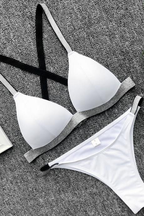 2 Pieces White Glitter Elastic Swimsuit Bikini for Girl Lady Women Short Bathing Suit Beach Summer