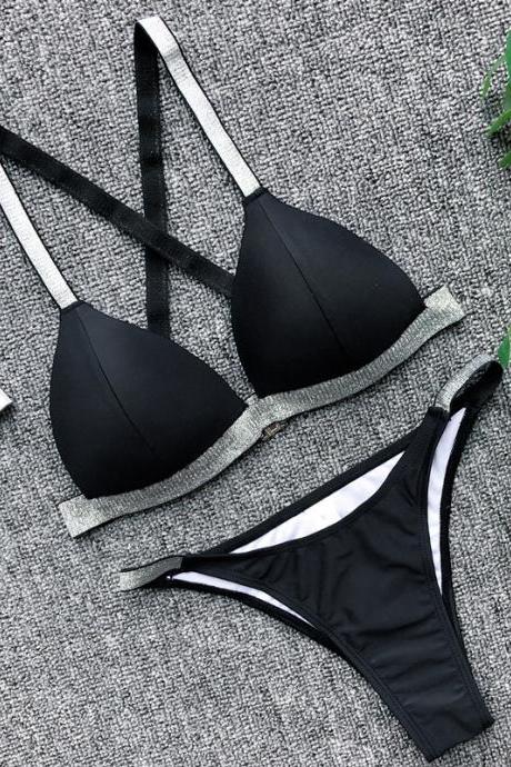 2 Pieces Black Glitter Elastic Swimsuit Bikini for Girl Lady Women Short Bathing Suit Beach Summer