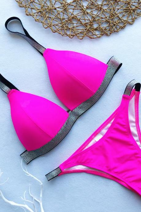 2 Pieces Pink Glitter Elastic Swimsuit Set Bikini for Girl Lady Women Summer Short Bathing Suit