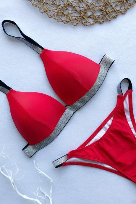 2 Pieces Red Glitter Elastic Swimsuit Set Bikini for Girl Lady Women Summer Short Bathing Suit