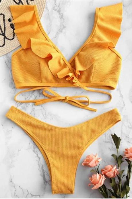 Sexy V Neck Yellow Bikini Set for Lady Two Pcs Women Beach Summer Bath Swimsuit 