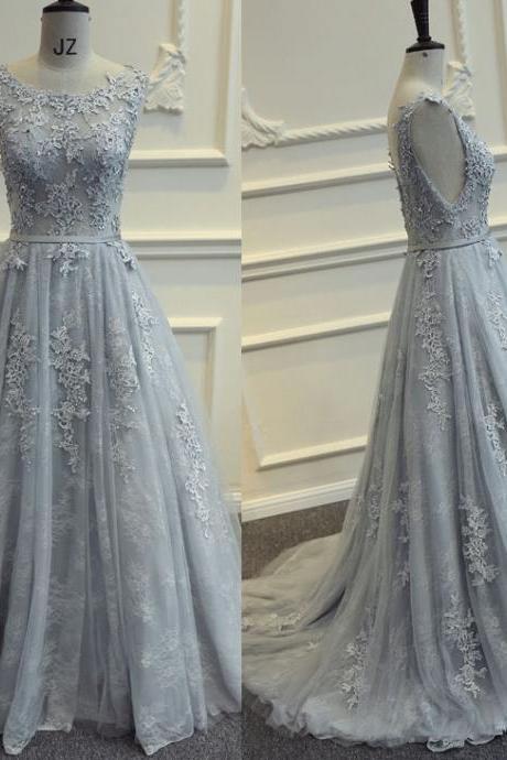 Sexy Sheer Lace Silver Prom Dress A Line Formal Women Evening Dresses Custom Made