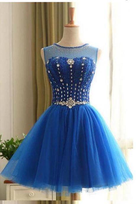 Short Royal Blue Homecoming Dress with Beaded Sequins Top Ball Gown 