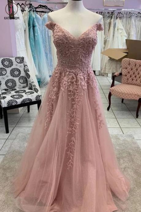 Long Nude Pink Lace Prom Dresses 2020 Off The Shoulder Sexy V Neck A Line Formal Women Party Dresses 