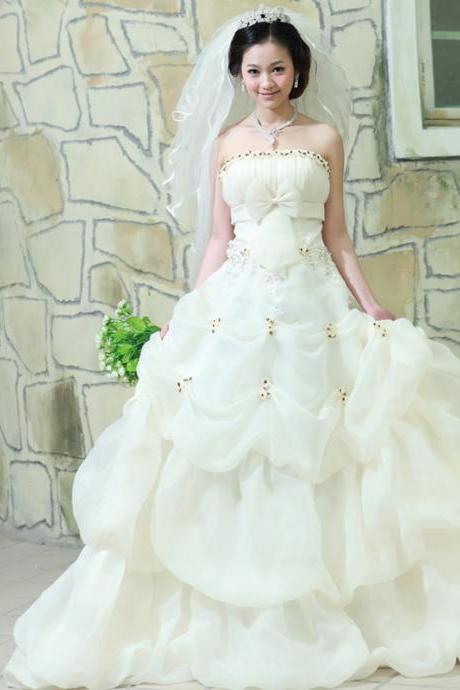 Ivory Long Wedding Dress with Court Train Ruffles Strapless Corset Back Custom Bridal Gowns 