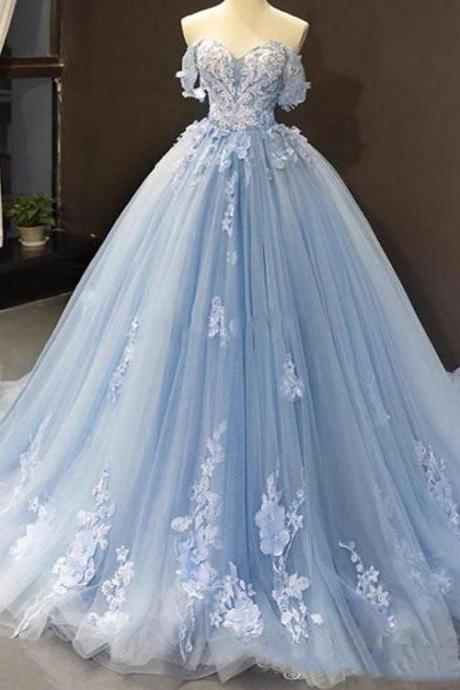 Off the shoulder Blue Princess Quinceanera Dress Corset Back Ball Gown Court Train for 16 Year 