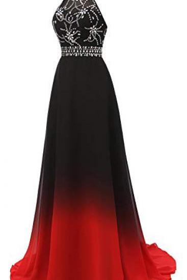 Black and Red Gradient Prom Dress Sexy Halter Backless A Line Shiny Beaded Formal Party Dresses