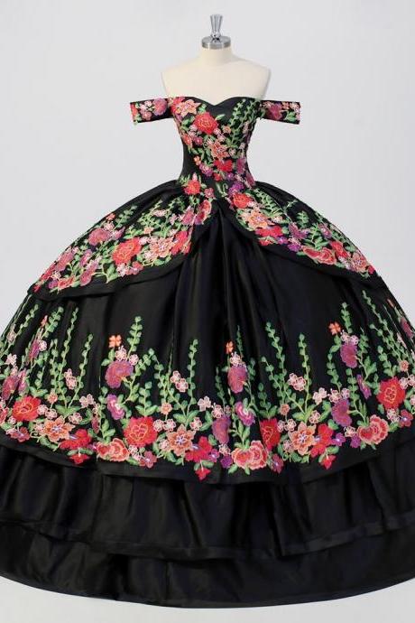 Princess Black Quinceanera Dress with Colorful Flowers Appliques Corset Back Sweet 15 Year Girl Birthday Party Dresses