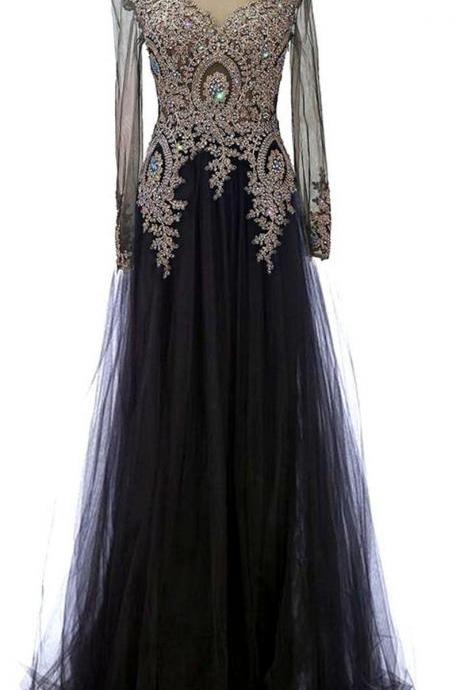 Sexy Sheer Black Prom Dress Long Sleeve Illusion Back A Line Shiny Appliques Formal Women Dresses
