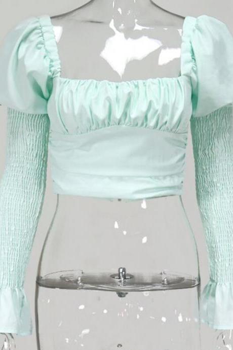 New Fall 2020 Mint Green Girl's Crop Tops with Long Sleeve Square Neck Pleats Women Short Top Outfits