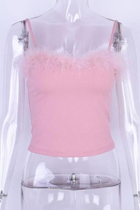 Sexy Fall Winter Pink Feather Crops Tops Slim-Fit Camisole for Women Spaghetti Strap Tops