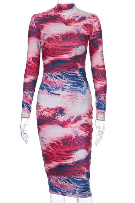 New 2020 Fall Winter Women Print Bodycon Dress with Long Sleeve High Neck Knee Length Sexy Party Club Clothing Wear
