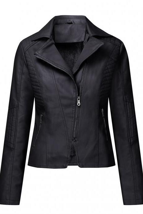 2020 Winter Moto Bike PU Leather Jacket for Women Short Slim Plus cashmere Lady Coat Clothing
