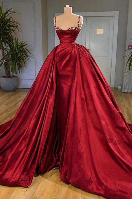 Sexy Spaghetti Strap Red Prom Dress Long Satin Formal Women Evening Dresses with Long Detachable Train Vestidos De Festa