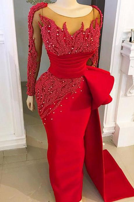 Long Slim Red Prom Dress with Full Sleeve Sexy Sheer Beaded Pearl Empire Waist Belt Formal Women Dresses