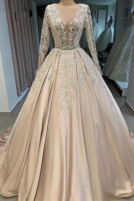 Vintage Champagne Satin Long Sleeve Prom Dresses Sexy Sheer Illusion Formal Women Dress with Belt Sash