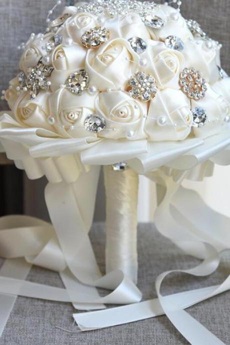 Dia:7.87inch H:10inch Ivory Cream Bouquet for Bride Bridesmaids with Diamond Soft Ribbons Artificial PE Rose Bridal Holding Flowers for Wedding, Party and Church 