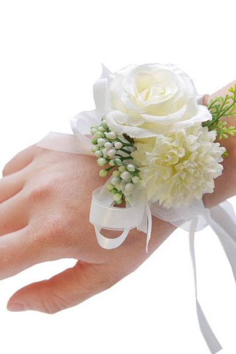 Wedding Wrist Corsage Ribbon Bridal Wrist Flower Bride Hand Flower Decor for Bridesmaid Prom Party Homecoming 2 Pcs